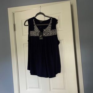 NWT - navy sleeveless shirt with embroidered neck